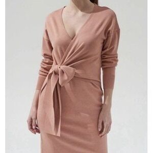 Nothing Fits But Wrap Sweater Dress Brown Pink Knit Tie Front V-neck Midi Size S